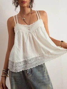 Freevana Women's Plus Size White Solid Color Lace Patchwork Textured Fabric Sheer Elegant Casual Outing Home Wear Loose Spring Summer Tank Top - White - View 6