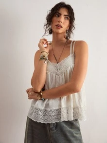 Freevana Women's Plus Size White Solid Color Lace Patchwork Textured Fabric Sheer Elegant Casual Outing Home Wear Loose Spring Summer Tank Top - White - View 4