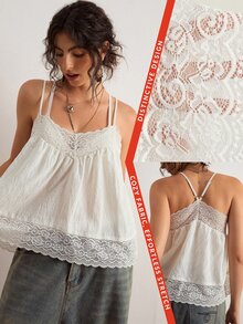 Freevana Women's Plus Size White Solid Color Lace Patchwork Textured Fabric Sheer Elegant Casual Outing Home Wear Loose Spring Summer Tank Top - White - View 2