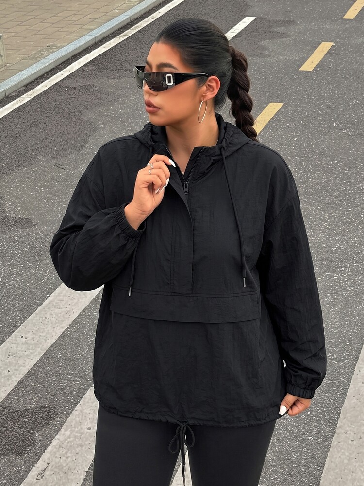 Muchica Plus Size Women's Solid Color Long Sleeve Pocket Drawstring Hooded Jacket Club Formal Teacher Black Autumn Casual Baggy Cowboy - Black - View 1