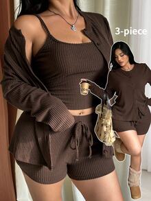GalTyme Spring/Summer New Style Outdoor Daily Casual Party Commute Music Festival Multi-Occasion Wearable Outerwear And Inner Layer Long Sleeve Open Front Cardigan And Camisole Tank Top With Shorts 3-Piece Set Sporty Casual Blue And White High Elastic Knit Plus Size 2-Piece Set - Brown - View 1