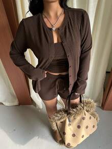 GalTyme Spring/Summer New Style Outdoor Daily Casual Party Commute Music Festival Multi-Occasion Wearable Outerwear And Inner Layer Long Sleeve Open Front Cardigan And Camisole Tank Top With Shorts 3-Piece Set Sporty Casual Blue And White High Elastic Knit Plus Size 2-Piece Set - Brown - View 7