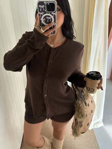 GalTyme Spring/Summer New Style Outdoor Daily Casual Party Commute Music Festival Multi-Occasion Wearable Outerwear And Inner Layer Long Sleeve Open Front Cardigan And Camisole Tank Top With Shorts 3-Piece Set Sporty Casual Blue And White High Elastic Knit Plus Size 2-Piece Set - Brown - View 4
