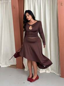 GalTyme Plus Size Cutout Ruched Fashion T-Shirt And Asymmetrical Hem Skirt 2 Pieces Set Fall - Brown - View 1