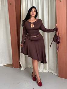 GalTyme Plus Size Cutout Ruched Fashion T-Shirt And Asymmetrical Hem Skirt 2 Pieces Set Fall - Brown - View 6
