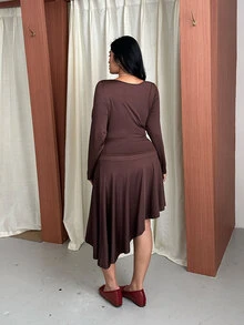 GalTyme Plus Size Cutout Ruched Fashion T-Shirt And Asymmetrical Hem Skirt 2 Pieces Set Fall - Brown - View 2
