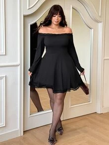 GalTyme Plus Size French Sexy Elegant Style Versatile Lace Patchwork Off-Shoulder Dress Autumn Halloween Party Date Night Black - Black - View 3