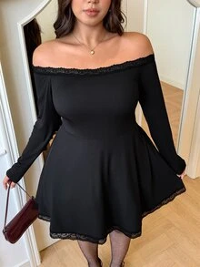 GalTyme Plus Size French Sexy Elegant Style Versatile Lace Patchwork Off-Shoulder Dress Autumn Halloween Party Date Night Black - Black - View 6