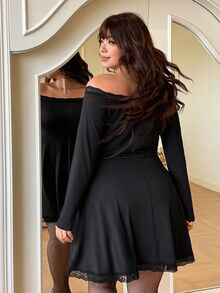 GalTyme Plus Size French Sexy Elegant Style Versatile Lace Patchwork Off-Shoulder Dress Autumn Halloween Party Date Night Black - Black - View 2