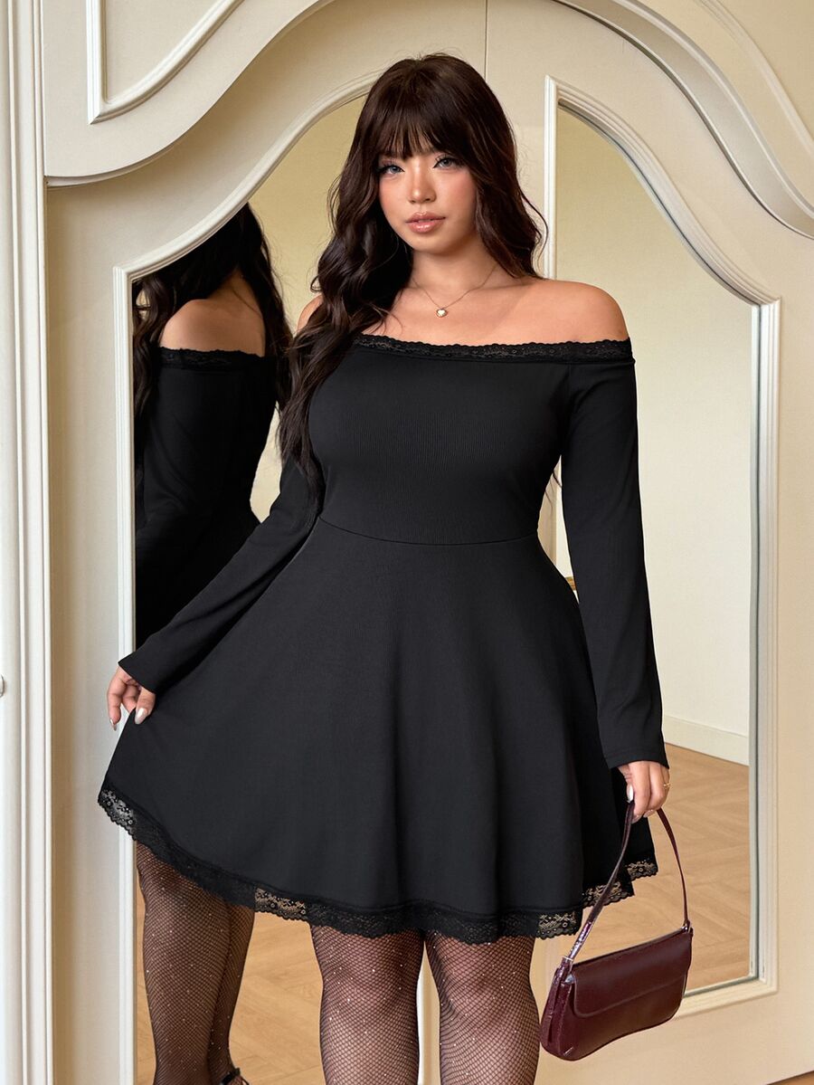 GalTyme Plus Size French Sexy Elegant Style Versatile Lace Patchwork Off-Shoulder Dress Autumn Halloween Party Date Night Black - Black - View 1