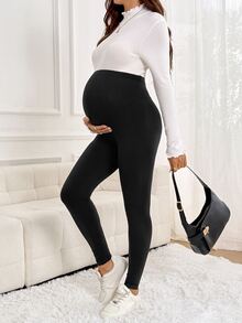 SHEIN Maternity Casual Versatile Solid Color High Waist Leggings - Black - View 7