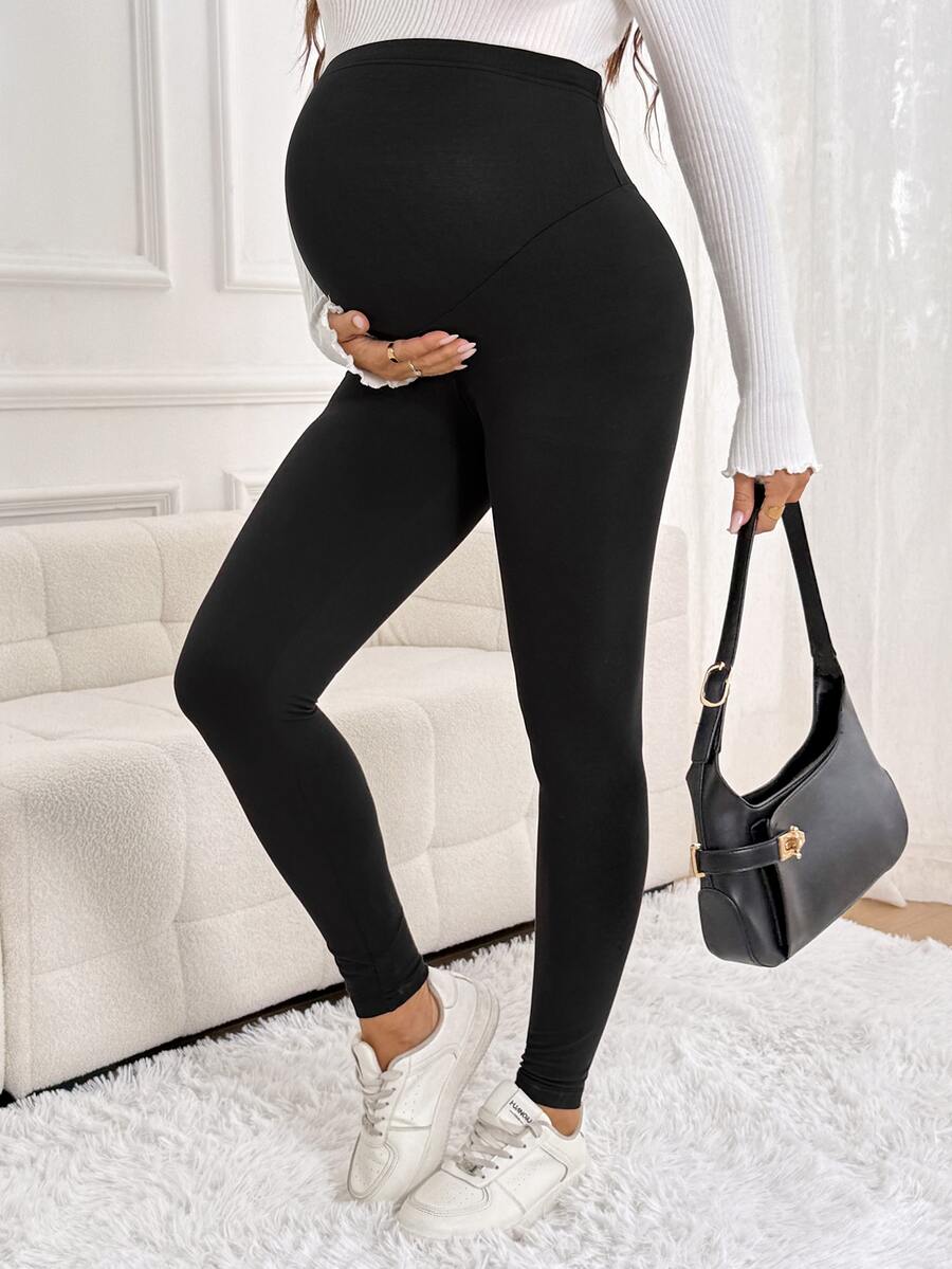 SHEIN Maternity Casual Versatile Solid Color High Waist Leggings - Black - View 1