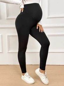 SHEIN Maternity Casual Versatile Solid Color High Waist Leggings - Black - View 2