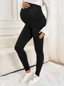 SHEIN Maternity Casual Versatile Solid Color High Waist Leggings - Black - View 5