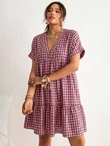 Freevana Plus Size Plaid Batwing Sleeve Ruffle Hem Loose Dress, Beach Dress, Bohemian Style For Vacation - Red Violet - View 6