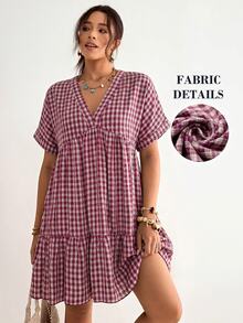 Freevana Plus Size Plaid Batwing Sleeve Ruffle Hem Loose Dress, Beach Dress, Bohemian Style For Vacation - Red Violet - View 2