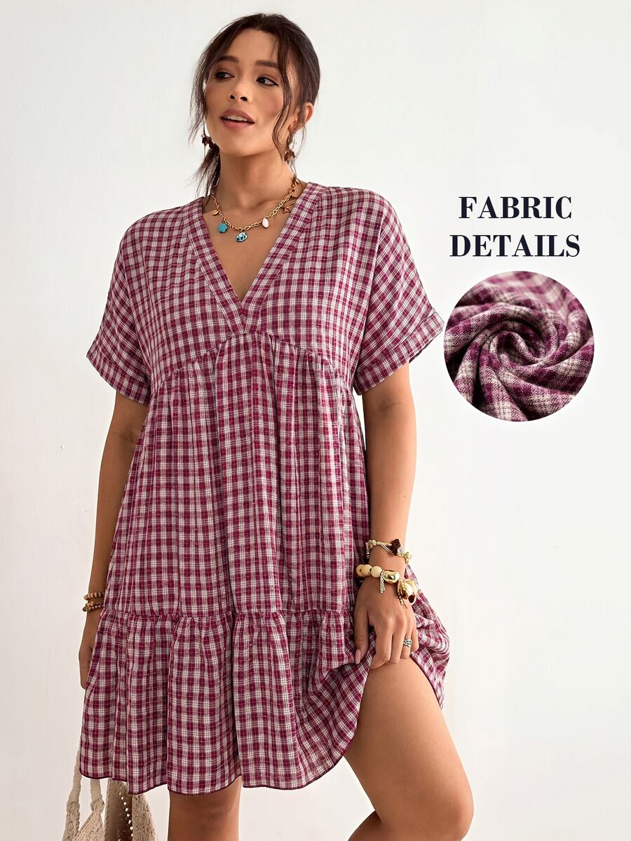 Freevana Plus Size Plaid Batwing Sleeve Ruffle Hem Loose Dress, Beach Dress, Bohemian Style For Vacation