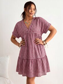 Freevana Plus Size Plaid Batwing Sleeve Ruffle Hem Loose Dress, Beach Dress, Bohemian Style For Vacation - Red Violet - View 5