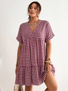 Freevana Plus Size Plaid Batwing Sleeve Ruffle Hem Loose Dress, Beach Dress, Bohemian Style For Vacation - Red Violet - View 9