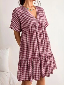 Freevana Plus Size Plaid Batwing Sleeve Ruffle Hem Loose Dress, Beach Dress, Bohemian Style For Vacation - Red Violet - View 7