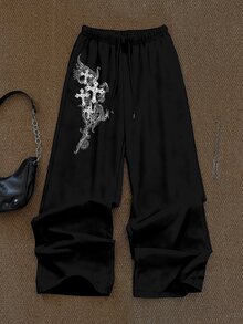 SHEIN PETITE CURVE 大尺碼休閒頹廢哥德風運動長褲，黑色，適合萬聖節、居家休閒、度假、晚裝、夏季 - 黑色 - 查看 5