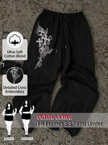 SHEIN PETITE CURVE 大尺碼休閒頹廢哥德風運動長褲，黑色，適合萬聖節、居家休閒、度假、晚裝、夏季 - 黑色 - 查看 3