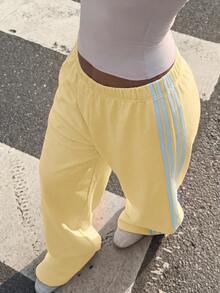 SHEIN Tall CURVE Plus Size Women's Colorblock Casual Versatile Daily Wear Sweatpants - Yellow - View 3