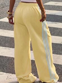 SHEIN Tall CURVE Plus Size Women's Colorblock Casual Versatile Daily Wear Sweatpants - Yellow - View 7