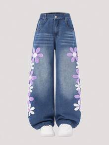 Tween Girls Jeans New Fashion Snowflake Washed Distressed Design Best-Seller Embroidered Wide-Leg Denim Pants Vintage Cute Sweet Blue Floral Casual - Blue - View 3