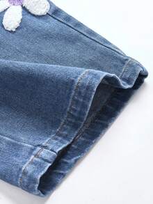 Tween Girls Jeans New Fashion Snowflake Washed Distressed Design Best-Seller Embroidered Wide-Leg Denim Pants Vintage Cute Sweet Blue Floral Casual - Blue - View 6