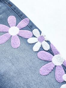 Tween Girls Jeans New Fashion Snowflake Washed Distressed Design Best-Seller Embroidered Wide-Leg Denim Pants Vintage Cute Sweet Blue Floral Casual - Blue - View 4