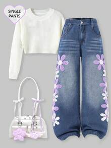 Tween Girls Jeans New Fashion Snowflake Washed Distressed Design Best-Seller Embroidered Wide-Leg Denim Pants Vintage Cute Sweet Blue Floral Casual - Blue - View 7