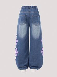 Tween Girls Jeans New Fashion Snowflake Washed Distressed Design Best-Seller Embroidered Wide-Leg Denim Pants Vintage Cute Sweet Blue Floral Casual - Blue - View 2