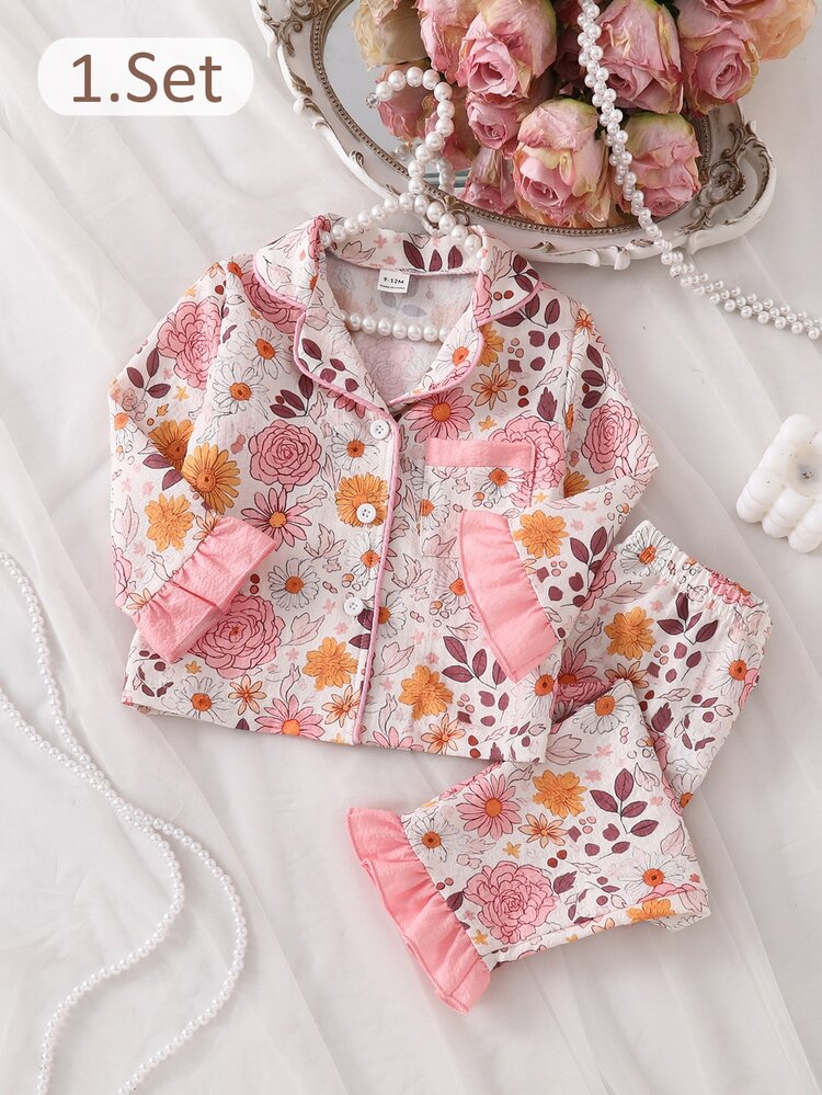 2-Piece Baby Girls Elegant Light Pink Floral Long Sleeve & Long Pants Lapel Collar Soft Cozy Comfort Pajamas For / - Orange - View 11