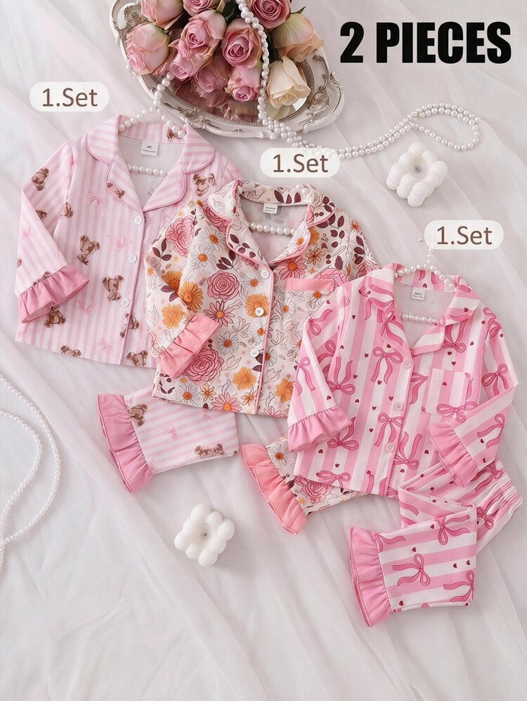 2-Piece Baby Girls Elegant Light Pink Floral Long Sleeve & Long Pants Lapel Collar Soft Cozy Comfort Pajamas For / - Orange - View 1