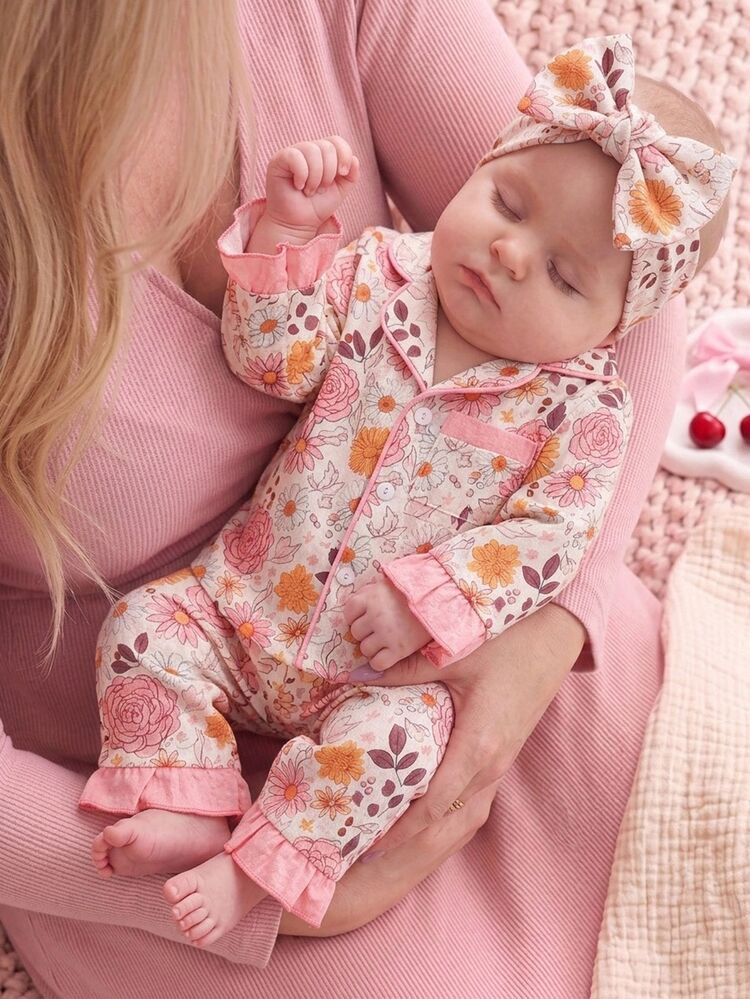 2-Piece Baby Girls Elegant Light Pink Floral Long Sleeve & Long Pants Lapel Collar Soft Cozy Comfort Pajamas For / - Orange - View 4