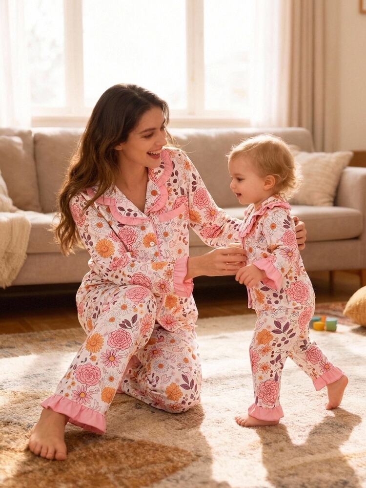 2-Piece Baby Girls Elegant Light Pink Floral Long Sleeve & Long Pants Lapel Collar Soft Cozy Comfort Pajamas For / - Orange - View 5
