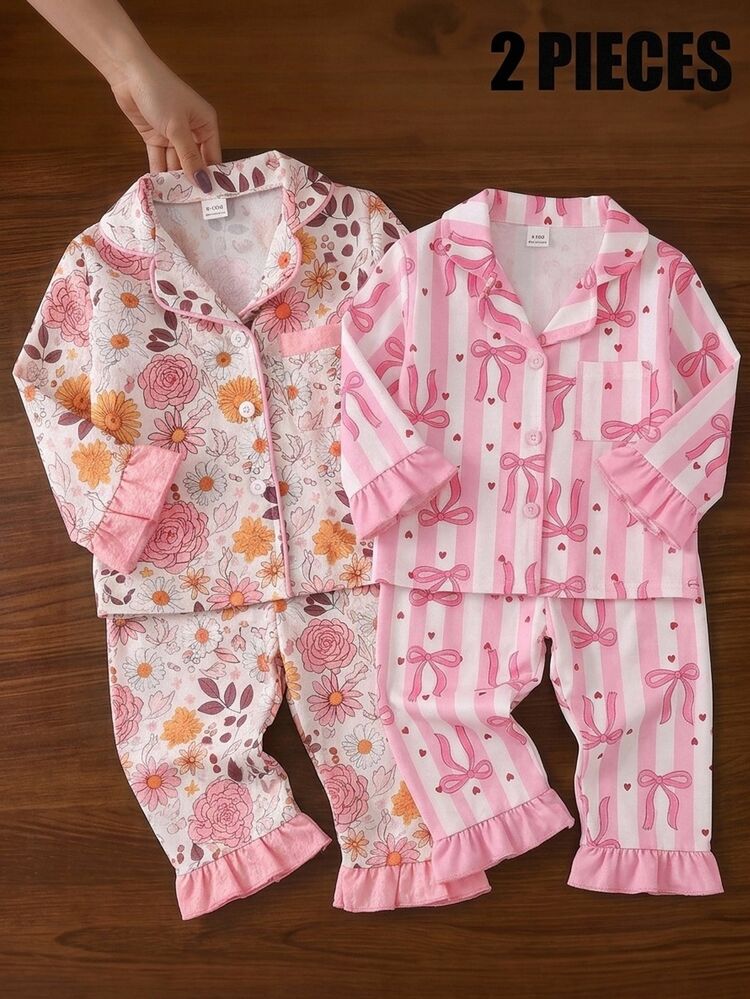 2-Piece Baby Girls Elegant Light Pink Floral Long Sleeve & Long Pants Lapel Collar Soft Cozy Comfort Pajamas For / - Orange - View 6