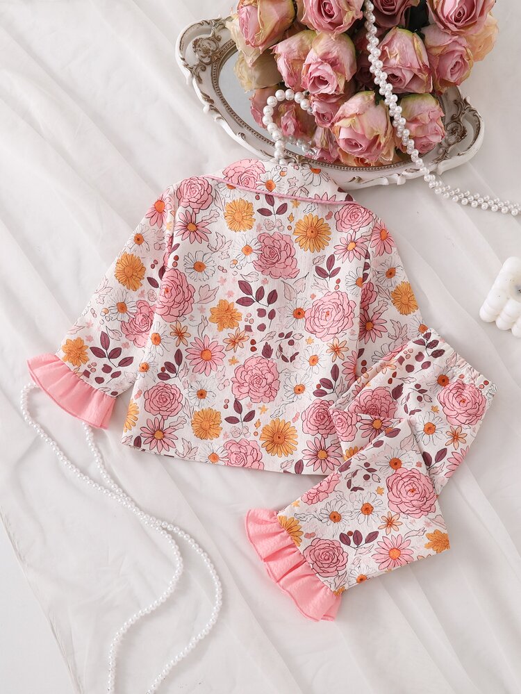 2-Piece Baby Girls Elegant Light Pink Floral Long Sleeve & Long Pants Lapel Collar Soft Cozy Comfort Pajamas For / - Orange - View 2