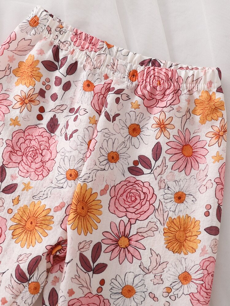 2-Piece Baby Girls Elegant Light Pink Floral Long Sleeve & Long Pants Lapel Collar Soft Cozy Comfort Pajamas For / - Orange - View 12