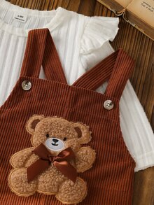 SHEIN 2件組嬰兒女童中性 0-3歲 春/秋款 棕色熊刺繡與3D蝴蝶結燈芯絨長褲，圓領長袖套頭上衣搭配棕色吊帶長褲套裝，適合外出、購物、休閒穿著 - 彩色 - 查看 6