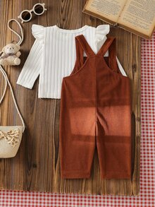 SHEIN 2件組嬰兒女童中性 0-3歲 春/秋款 棕色熊刺繡與3D蝴蝶結燈芯絨長褲，圓領長袖套頭上衣搭配棕色吊帶長褲套裝，適合外出、購物、休閒穿著 - 彩色 - 查看 2