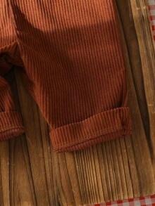 SHEIN 2件組嬰兒女童中性 0-3歲 春/秋款 棕色熊刺繡與3D蝴蝶結燈芯絨長褲，圓領長袖套頭上衣搭配棕色吊帶長褲套裝，適合外出、購物、休閒穿著 - 彩色 - 查看 7