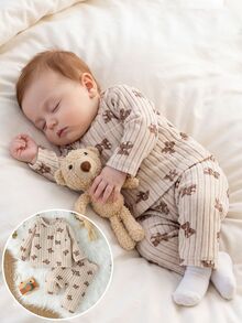 SHEIN 2件組幼兒男童上衣褲子套裝，可愛甜美米色棕色小熊印花，羅紋長袖圓領加厚款，附口袋，適合派對、秋冬、萬聖節、聖誕節 - 彩色 - 查看 2