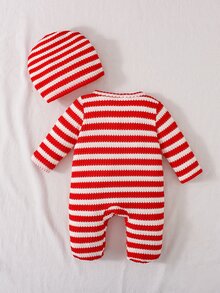 SHEIN Playful Pals 2件組新生女嬰連腳連身衣，可愛甜美紅白草莓荷葉邊條紋蝴蝶結鉤針長袖秋季節日毛衣，生日女寶款 - 紅色 - 查看 2