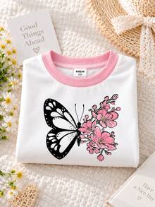SHEIN Playful Pals 女嬰蝴蝶與花卉印花圓領白色短袖T恤可愛休閒夏季畢業季套頭上衣適用6個月-3歲 - 彩色 - 查看 4