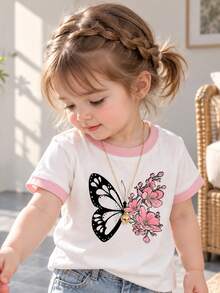 SHEIN Playful Pals 女嬰蝴蝶與花卉印花圓領白色短袖T恤可愛休閒夏季畢業季套頭上衣適用6個月-3歲 - 彩色 - 查看 6