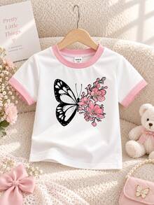 SHEIN Playful Pals 女嬰蝴蝶與花卉印花圓領白色短袖T恤可愛休閒夏季畢業季套頭上衣適用6個月-3歲 - 彩色 - 查看 1