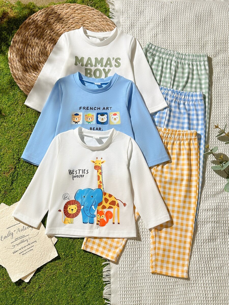 SHEIN Vintaside Kids 3件組男孩獅子卡通印花長袖套裝,活力風格,適合四季,休閒穿著 - 彩色 - 查看 1