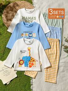 SHEIN Vintaside Kids 3件組男孩獅子卡通印花長袖套裝，活力風格，適合四季，休閒穿著 - 彩色 - 查看 9